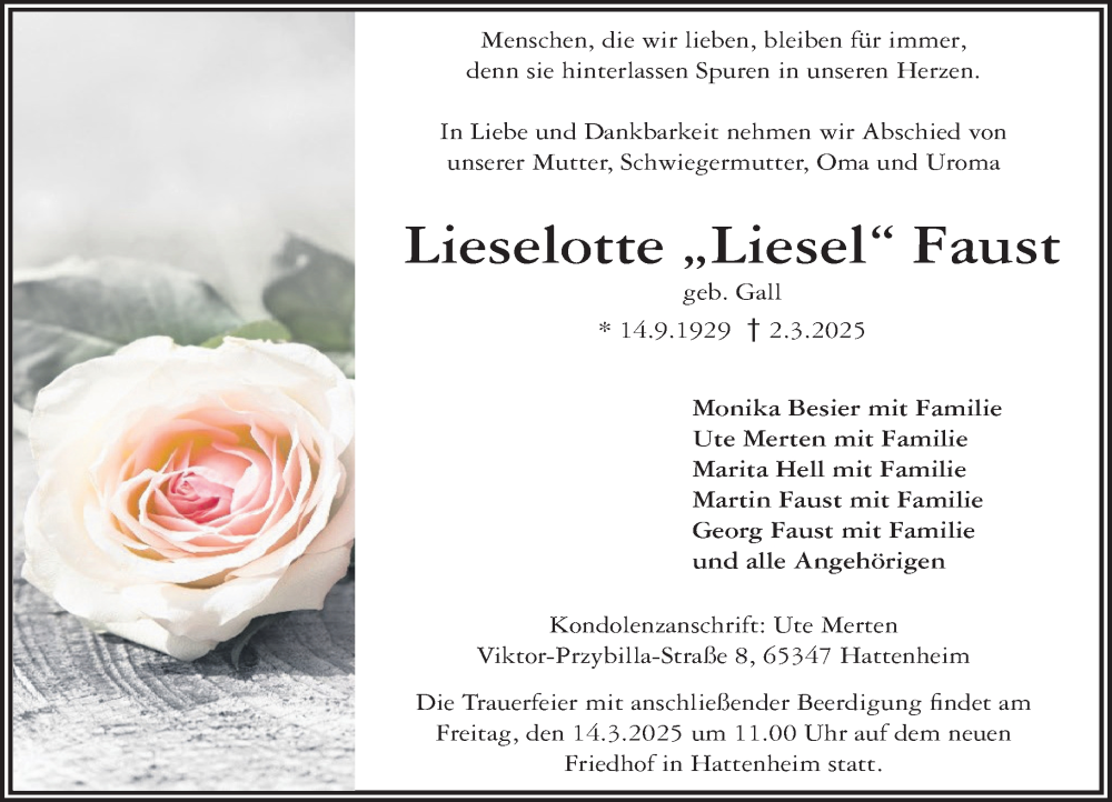  Traueranzeige für Lieselotte Faust vom 08.03.2025 aus Rheingau Kurier