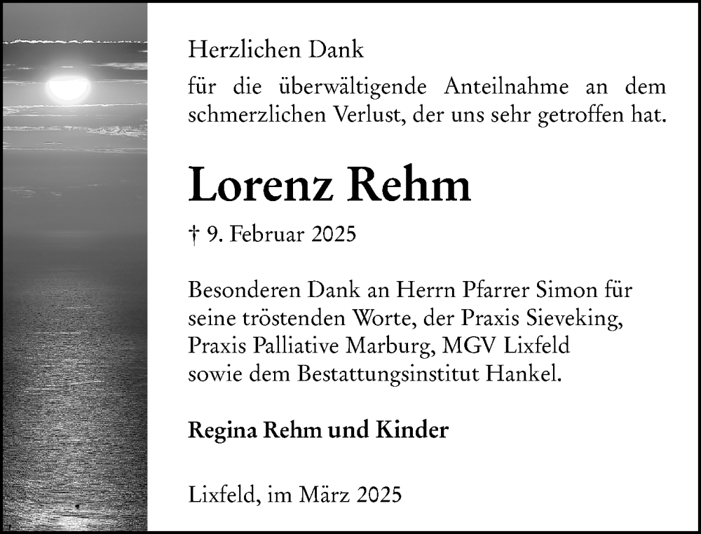  Traueranzeige für Lorenz Rehm vom 28.03.2025 aus Hinterländer Anzeiger