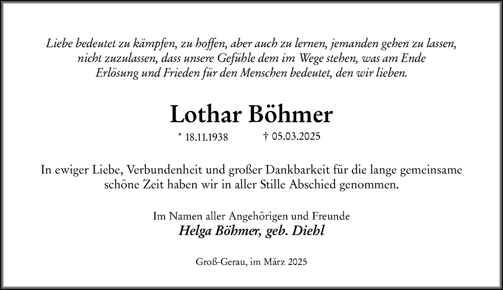  Traueranzeige für Lothar Böhmer vom 29.03.2025 aus Groß-Gerauer Echo