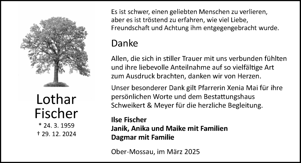  Traueranzeige für Lothar Fischer vom 01.03.2025 aus Odenwälder Echo