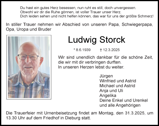 Traueranzeige von Ludwig Storck von Dieburger Anzeiger/Groß-Zimmerner Lokal-Anzeiger