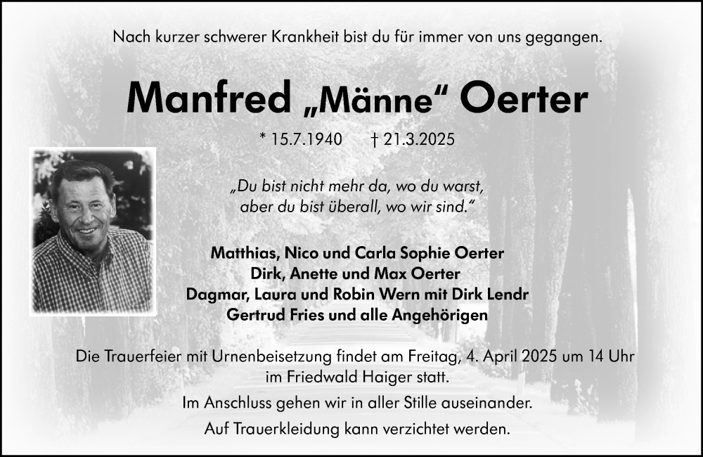  Traueranzeige für Manfred Oerter vom 29.03.2025 aus Dill Block