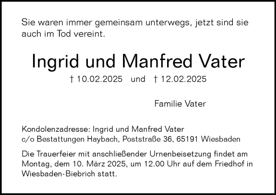 Traueranzeige von Manfred Vater von Wiesbadener Kurier