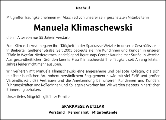 Traueranzeige von Manuela Klimaschewski von Wetzlarer Neue Zeitung