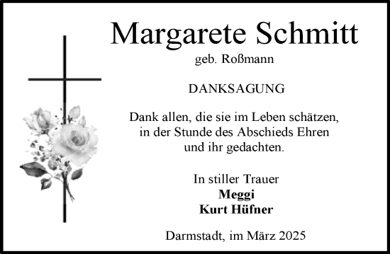 Traueranzeige von Margarete Schmitt von Darmstädter Echo