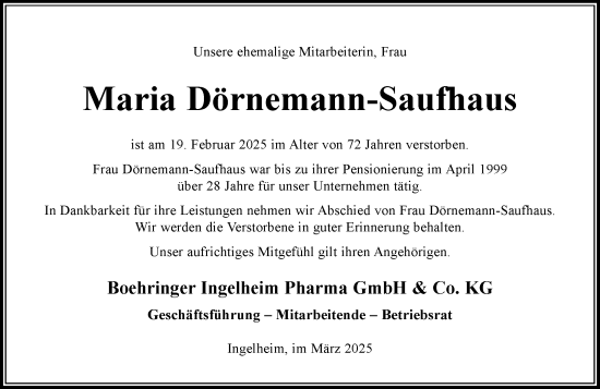 Traueranzeige von Maria Dörnemann-Saufhaus von Allgemeine Zeitung Rheinhessen-Nahe