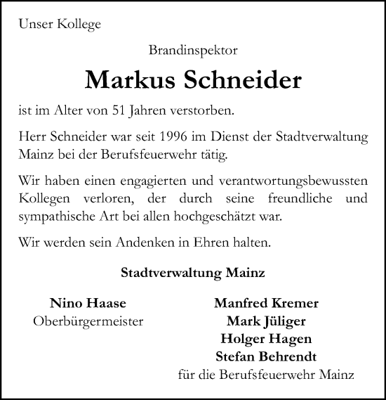 Traueranzeige von Markus Schneider von Allgemeine Zeitung Mainz