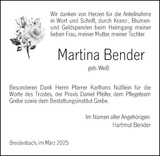 Traueranzeige von Martina Bender von Hinterländer Anzeiger