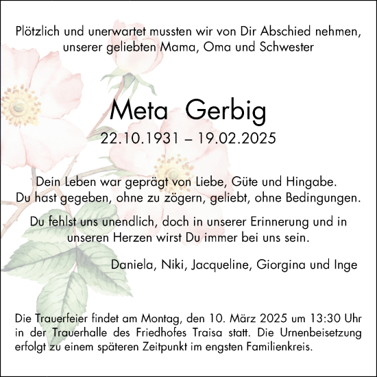 Traueranzeige von Meta Gerbig von Darmstädter Echo