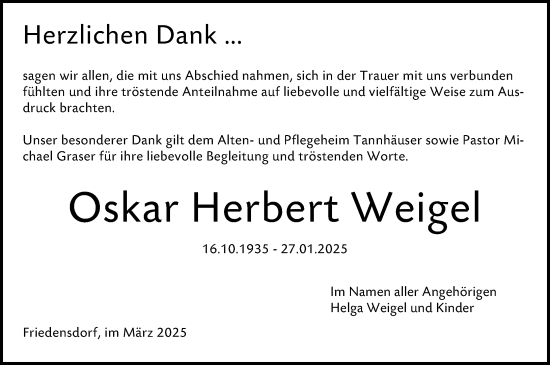 Traueranzeige von Oskar Herbert Weigel von Hinterländer Anzeiger