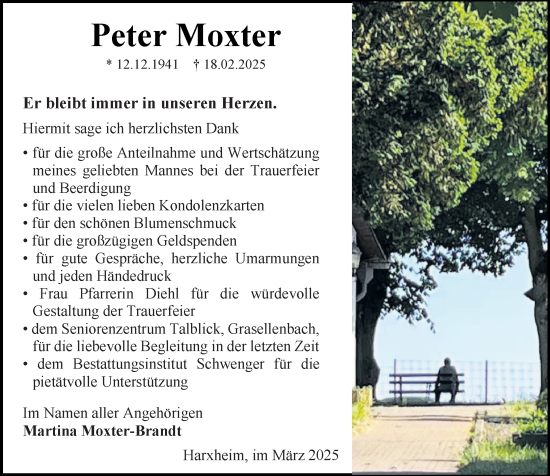 Traueranzeige von Peter Moxter von Allgemeine Zeitung Mainz