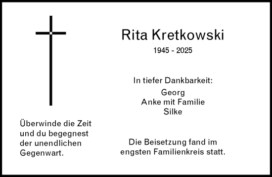 Traueranzeige von Rita Kretkowski von Allgemeine Zeitung Mainz