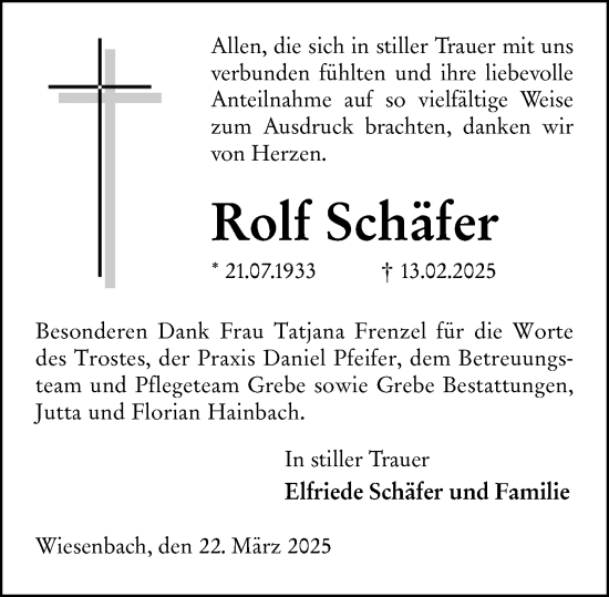Traueranzeige von Rolf Schäfer von Hinterländer Anzeiger
