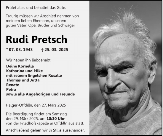 Traueranzeige von Rudi Pretsch von Dill Block