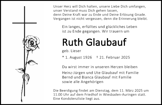 Traueranzeige von Ruth Glaubauf von Wiesbadener Kurier