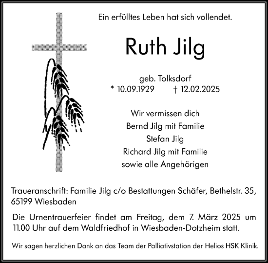 Traueranzeige von Ruth Jilg von Wiesbadener Kurier