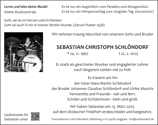 Traueranzeige von Sebastian Christoph Schlöndorf von Wetzlarer Neue Zeitung