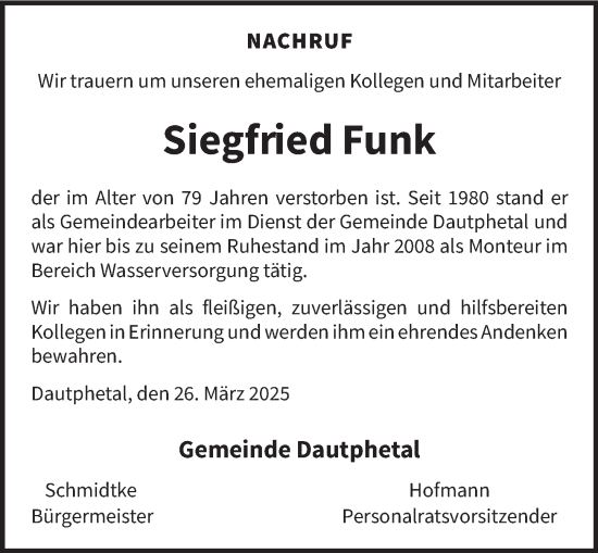 Traueranzeige von Siegfried Funk von Hinterländer Anzeiger