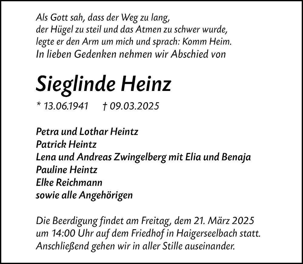  Traueranzeige für Sieglinde Heinz vom 15.03.2025 aus Dill Block