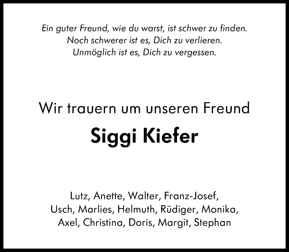  Traueranzeige für Siggi Kiefer vom 08.03.2025 aus Allgemeine Zeitung Mainz