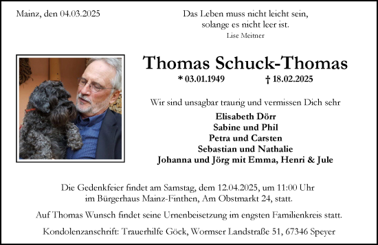 Traueranzeige von Thomas Schuck-Thomas von Wormser Zeitung