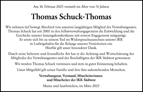 Traueranzeige von Thomas Schuck-Thomas von Allgemeine Zeitung Mainz