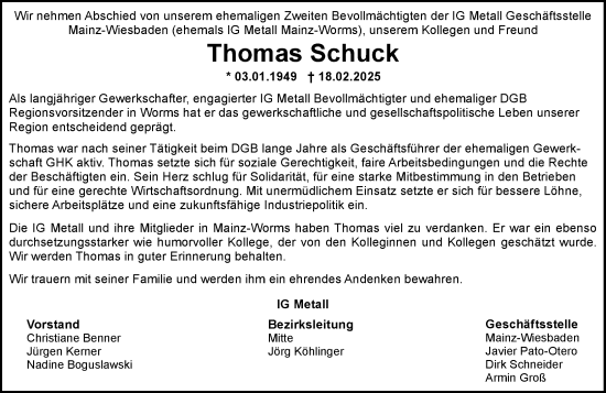 Traueranzeige von Thomas Schuck von Wormser Zeitung