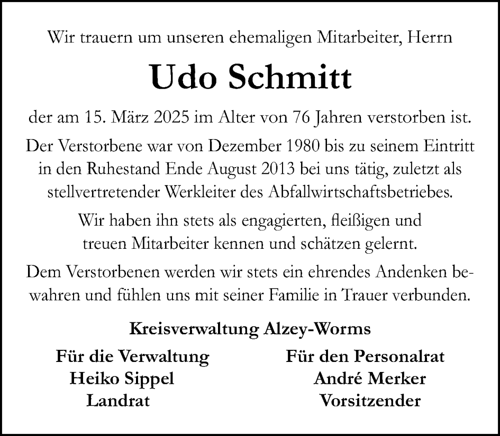  Traueranzeige für Udo Schmitt vom 22.03.2025 aus Allgemeine Zeitung Alzey