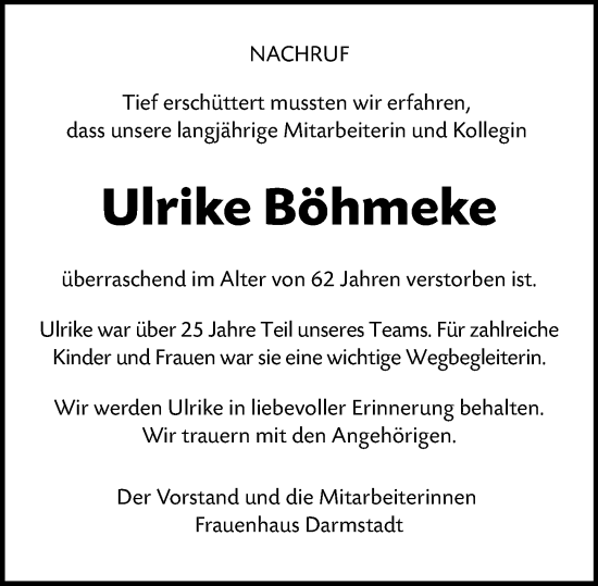 Traueranzeige von Ulrike Böhmeke von Darmstädter Echo