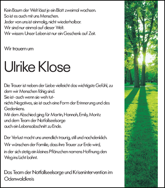Traueranzeige von Ulrike Klose von Odenwälder Echo