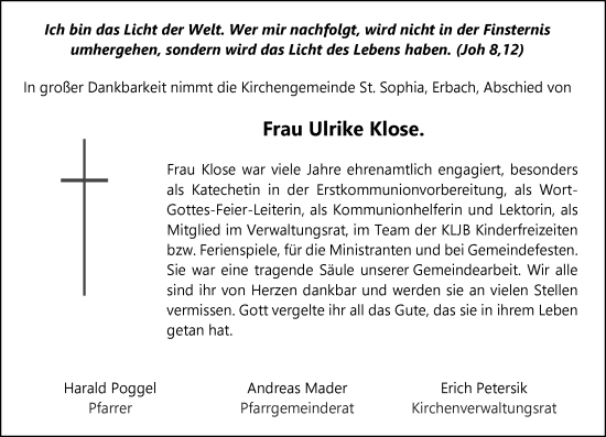 Traueranzeige von Ulrike Klose von Odenwälder Echo