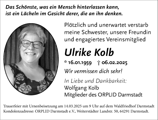 Traueranzeige von Ulrike Kolb von Darmstädter Echo