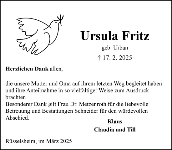 Traueranzeige von Ursula Fritz von Rüsselsheimer Echo
