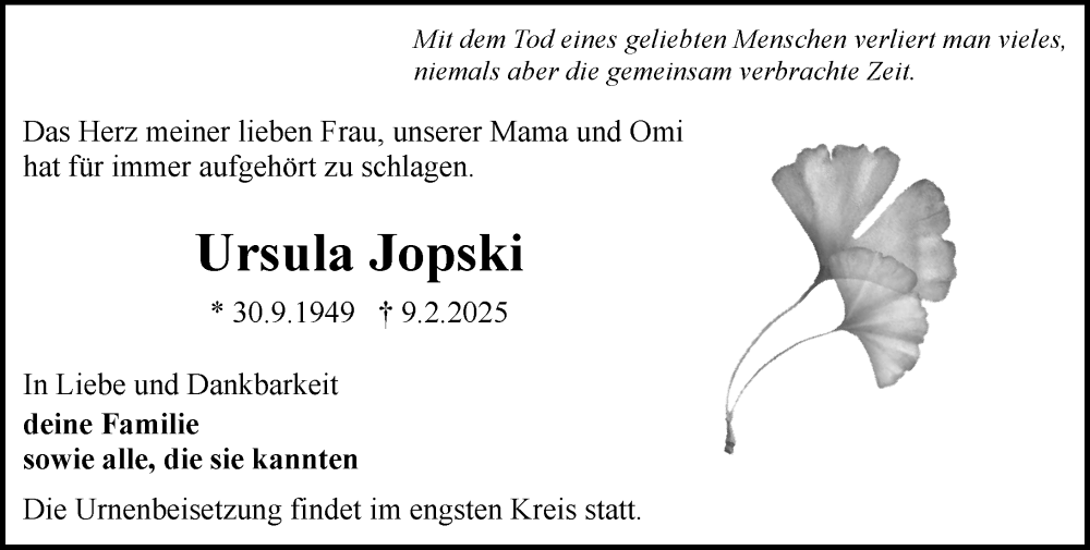  Traueranzeige für Ursula Jopski vom 01.03.2025 aus Rüsselsheimer Echo