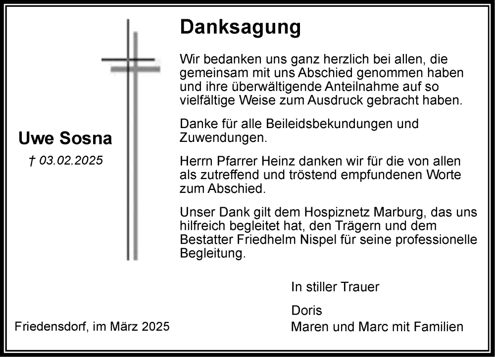  Traueranzeige für Uwe Sosna vom 29.03.2025 aus Hinterländer Anzeiger