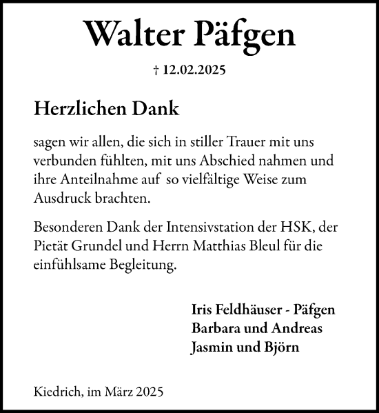 Traueranzeige von Walter Päfgen von Rheingau Kurier