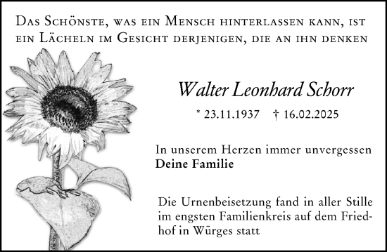 Traueranzeige von Walter Leonhard Schorr von Camberger Anzeiger