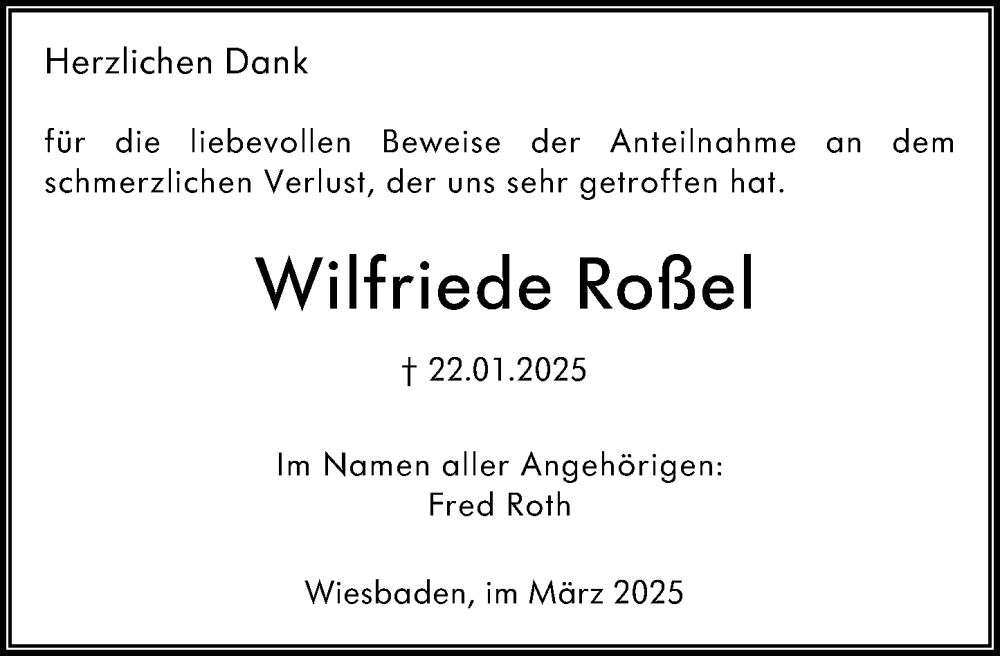  Traueranzeige für Wilfriede Roßel vom 01.03.2025 aus Wiesbadener Kurier