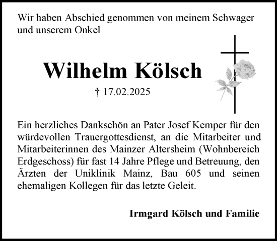 Traueranzeige von Wilhelm Kölsch von Allgemeine Zeitung Mainz