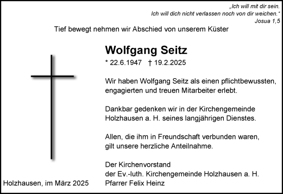 Traueranzeige von Wolfgang Seitz von Hinterländer Anzeiger
