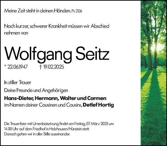 Traueranzeige von Wolfgang Seitz von Hinterländer Anzeiger