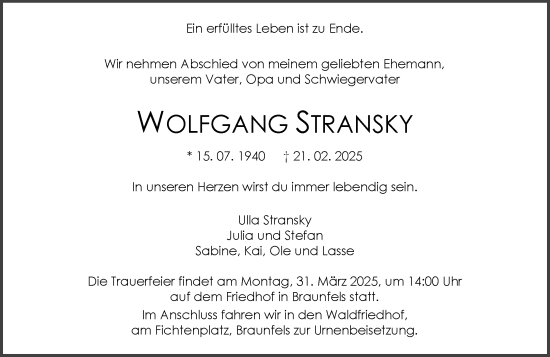 Traueranzeige von Wolfgang Stransky von Wetzlarer Neue Zeitung