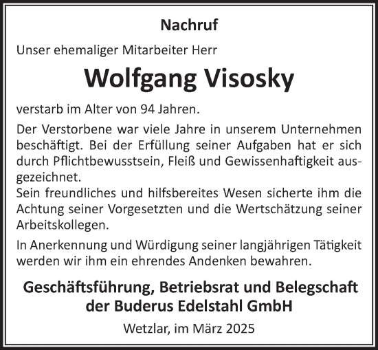 Traueranzeige von Wolfgang Visosky von Wetzlarer Neue Zeitung