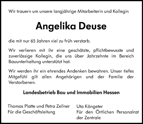 Traueranzeige von Angelika Deuse von Wiesbadener Kurier