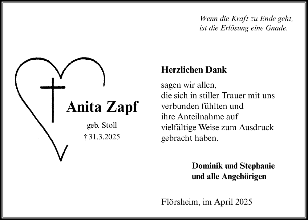  Traueranzeige für Anita Zapf vom 26.04.2025 aus Rüsselsheimer Echo