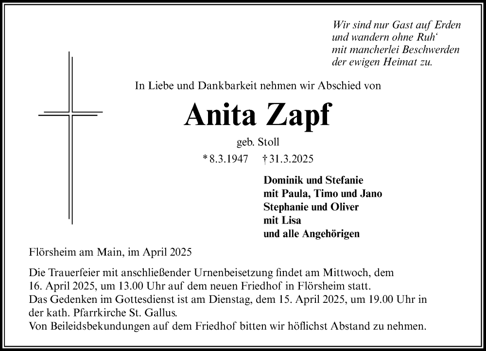  Traueranzeige für Anita Zapf vom 05.04.2025 aus Rüsselsheimer Echo