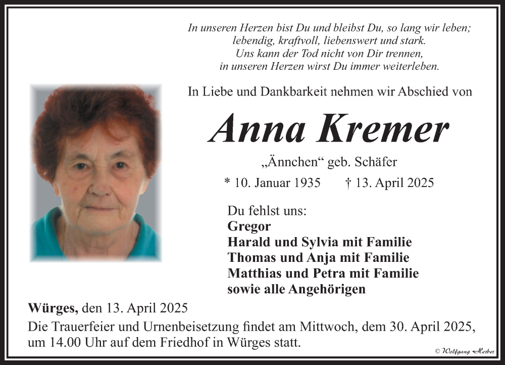  Traueranzeige für Anna Kremer vom 24.04.2025 aus Camberger Anzeiger