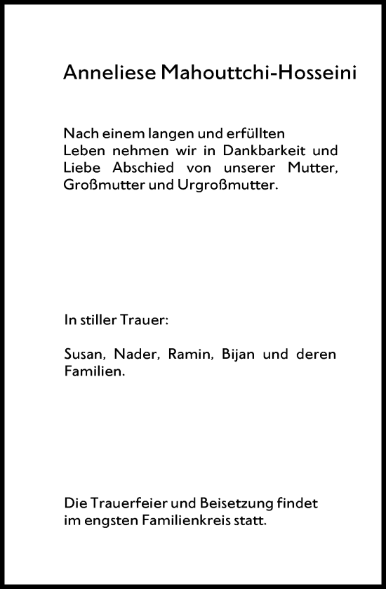 Traueranzeige von Anneliese Mahouttchi-Hosseini von Wiesbadener Kurier