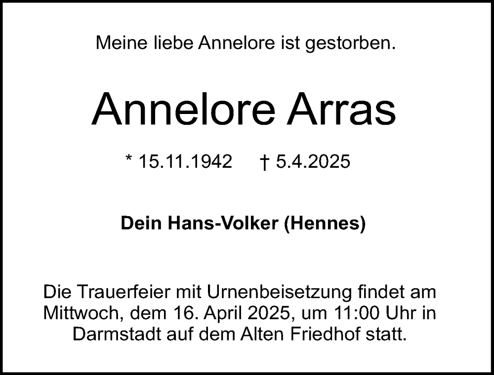  Traueranzeige für Annelore Arras vom 12.04.2025 aus Darmstädter Echo