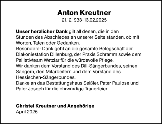 Traueranzeige von Anton Kreutner von Dill Block